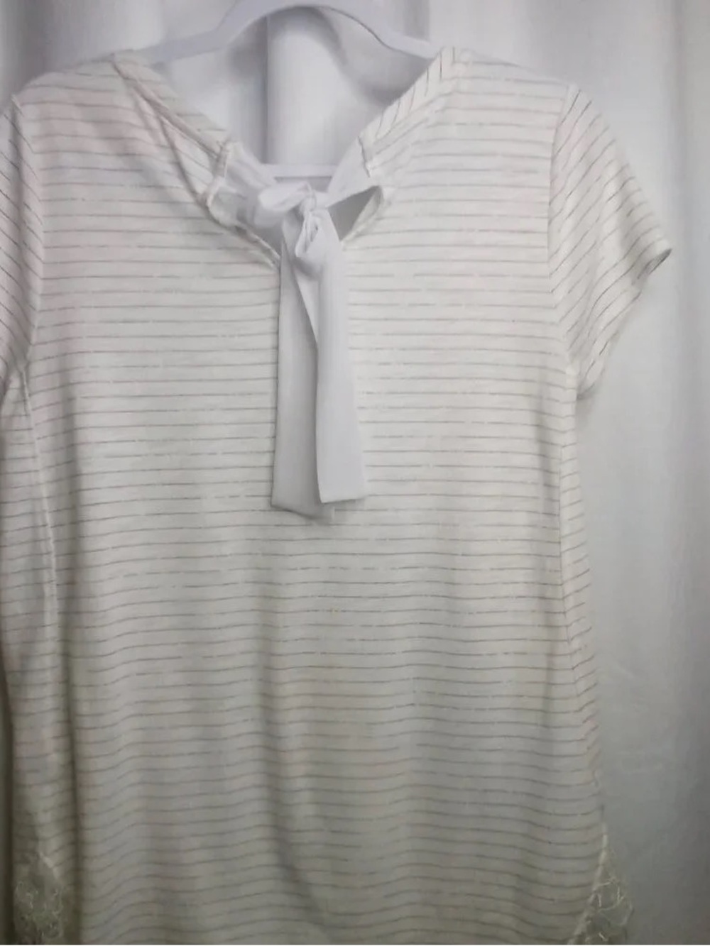 Women’s Cream Striped Tie-Neck Short Sleeve Top
